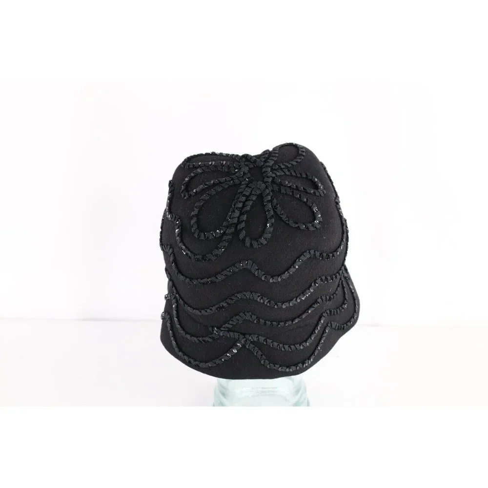 Vintage 50s Rockabilly Wool Felt Sequined Flower Bucket Hat Cap Black Womens USA - Picture 4 of 9